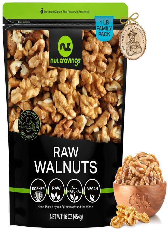 NUT CRAVINGS - Raw Walnuts Halves & Pieces, Unsalted, Shelled, (16oz - 1 LB) Packed Fresh in Resealable Bag - Kosher Healthy Snack, Food Assortments Ideal for Trail Mixed Nuts - Image 1