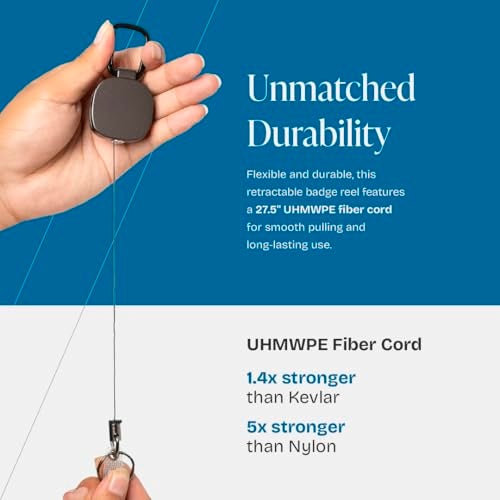 Will Well ID Badge Holder Reel with Clip and Keyring - Heavy-Duty All-Metal Casing with 27.5"UHMWPE Fiber Pull Cord for Durability and Easy Access, Holds up to 8 Keys - 2-Pack, Square, Matte Black - Image 2