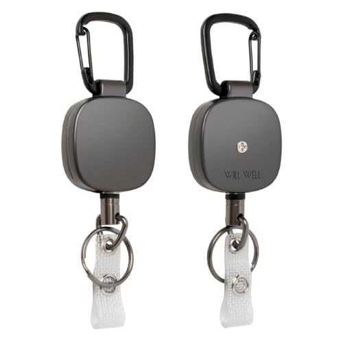 Will Well ID Badge Holder Reel with Clip and Keyring - Heavy-Duty All-Metal Casing with 27.5"UHMWPE Fiber Pull Cord for Durability and Easy Access, Holds up to 8 Keys - 2-Pack, Square, Matte Black - Image 4