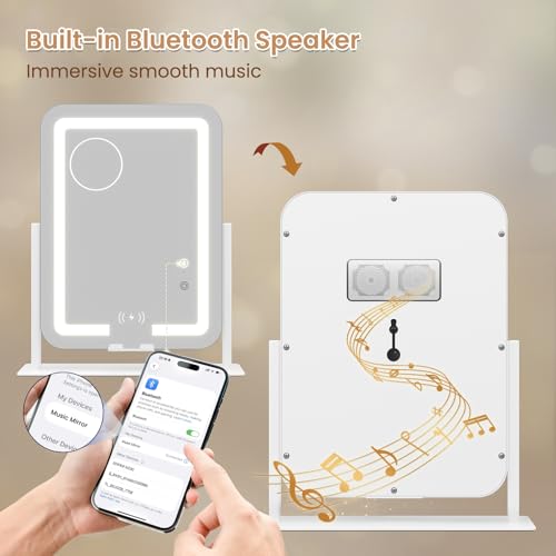 Dripex 5in1 Lighted Vanity Mirror with Bluetooth Speaker Wireless Charging 15x12 LED Makeup Mirror with Lights 3 Colors Dimmable Phone Holder Touch Keys 10X Magnification - Image 3