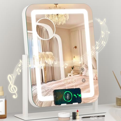 Dripex 5in1 Lighted Vanity Mirror with Bluetooth Speaker Wireless Charging 15x12 LED Makeup Mirror with Lights 3 Colors Dimmable Phone Holder Touch Keys 10X Magnification - Image 1