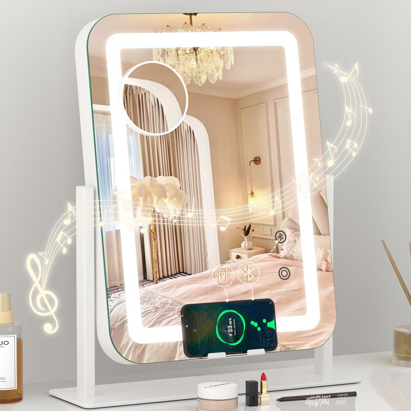 Dripex 5in1 Lighted Vanity Mirror with Bluetooth Speaker Wireless Charging 15x12 LED Makeup Mirror with Lights 3 Colors Dimmable Phone Holder Touch Keys 10X Magnification - Image 2