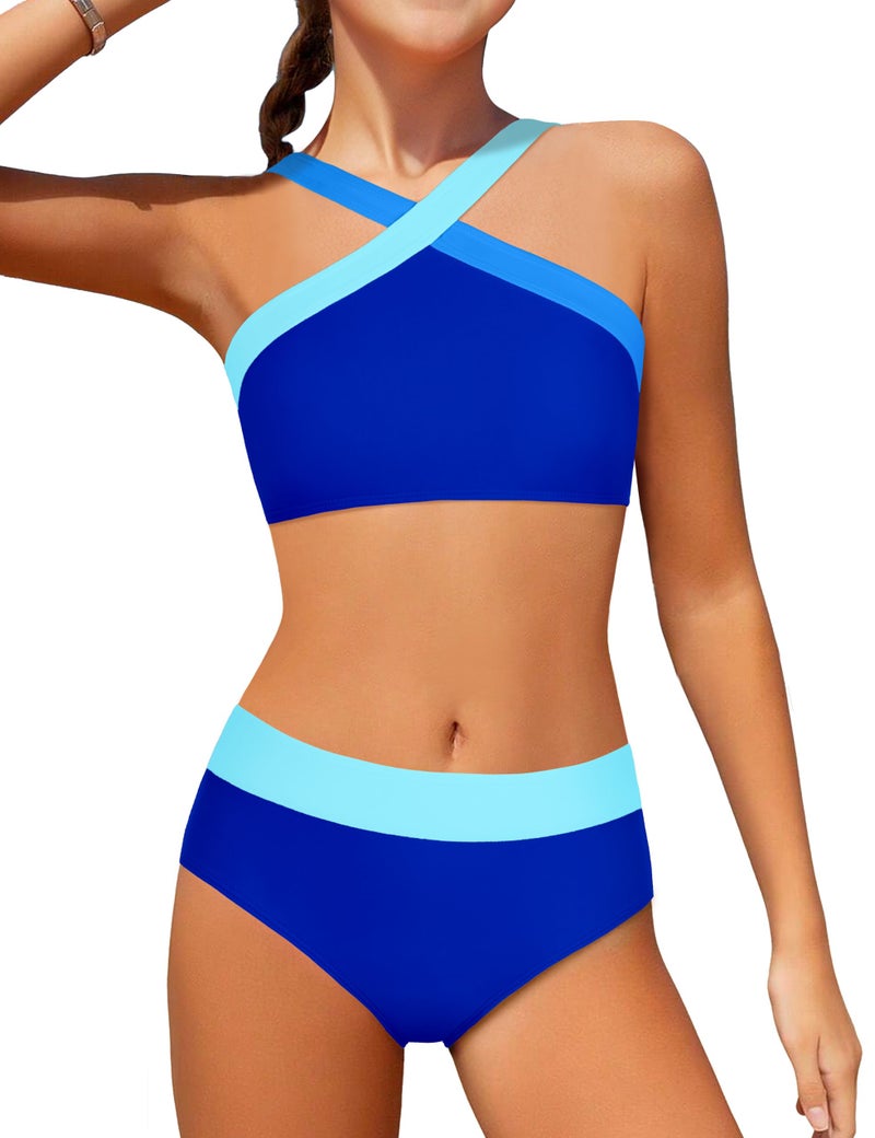 Dearnow Girls Swimsuits Size 10 12 Kids Bathing Suits Size 10-12 Kids 2 Piece Bikini Set Criss Cross Strap Colorblock Girls' Swimwear Blue 10-12 Years - Image 1