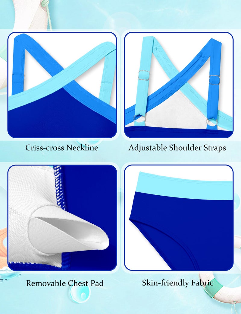 Dearnow Girls Swimsuits Size 10 12 Kids Bathing Suits Size 10-12 Kids 2 Piece Bikini Set Criss Cross Strap Colorblock Girls' Swimwear Blue 10-12 Years - Image 5