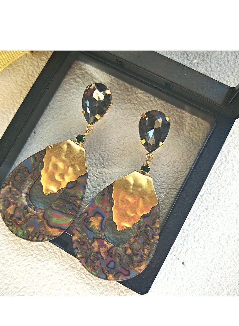 Luxury Mother of Pearl Earrings with Teardrop Crystal Pendant  Enamel Green Detailing - Arabic Wedding Jewelry Gift - Image 2