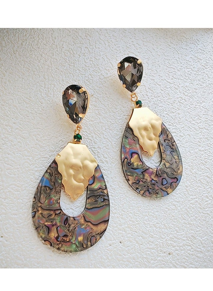 Luxury Mother of Pearl Earrings with Teardrop Crystal Pendant  Enamel Green Detailing - Arabic Wedding Jewelry Gift - Image 3