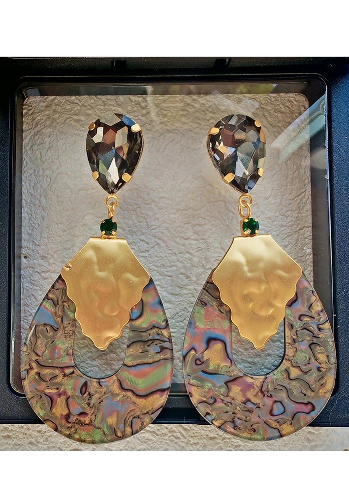 Luxury Mother of Pearl Earrings with Teardrop Crystal Pendant  Enamel Green Detailing - Arabic Wedding Jewelry Gift - Image 1