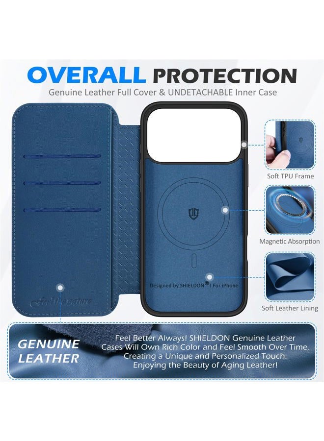 SHIELDON Genuine Leather Slim Wallet Case for iPhone 17 Pro Max 6.9-inch 5G 2025, Magnetic Wireless Charging, RFID Blocking, 3 Card Slots, Shockproof, Protective, Flip, Folio Phone Cover - Royal Blue - Image 3