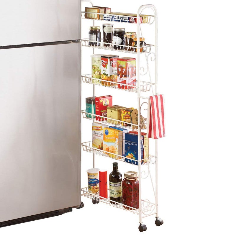 Collections Etc Slim Rolling Pantry 6Tier Shelf White Metal with Elegant Scroll Design Accent  Extra Kitchen and Bathroom Storage 6