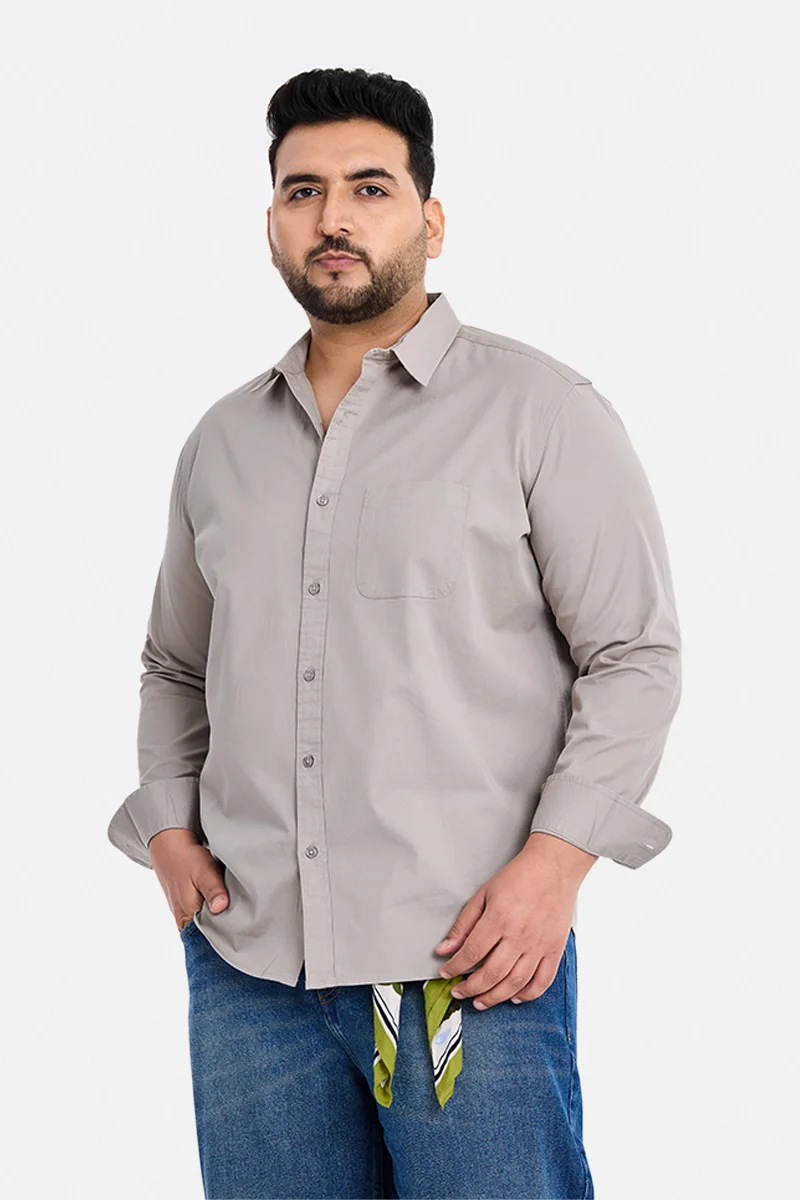 SNITCH Beige Solid Long Sleeve Regular Fit Casual Plus Size Shirt