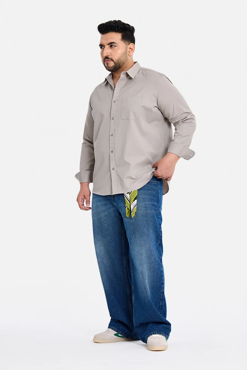 SNITCH Beige Solid Long Sleeve Regular Fit Casual Plus Size Shirt