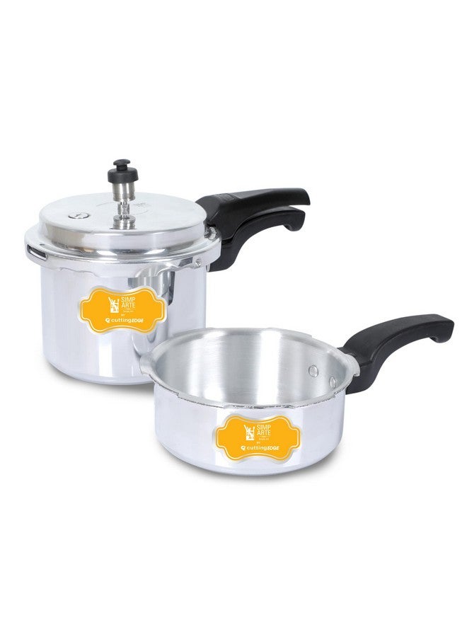 Simparte 3 + 2 Litre Induction Base Aluminium Outer Lid Pressure Cooker Combo Pack, Silver - Image 1