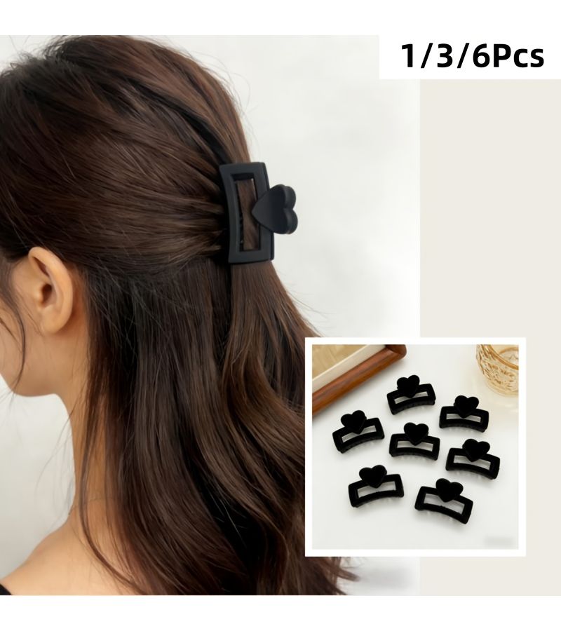 Black Matte Heart Shaped Rectangle Hair Clips 3 Pack For Semi Tied And Updo Styles - Image 1