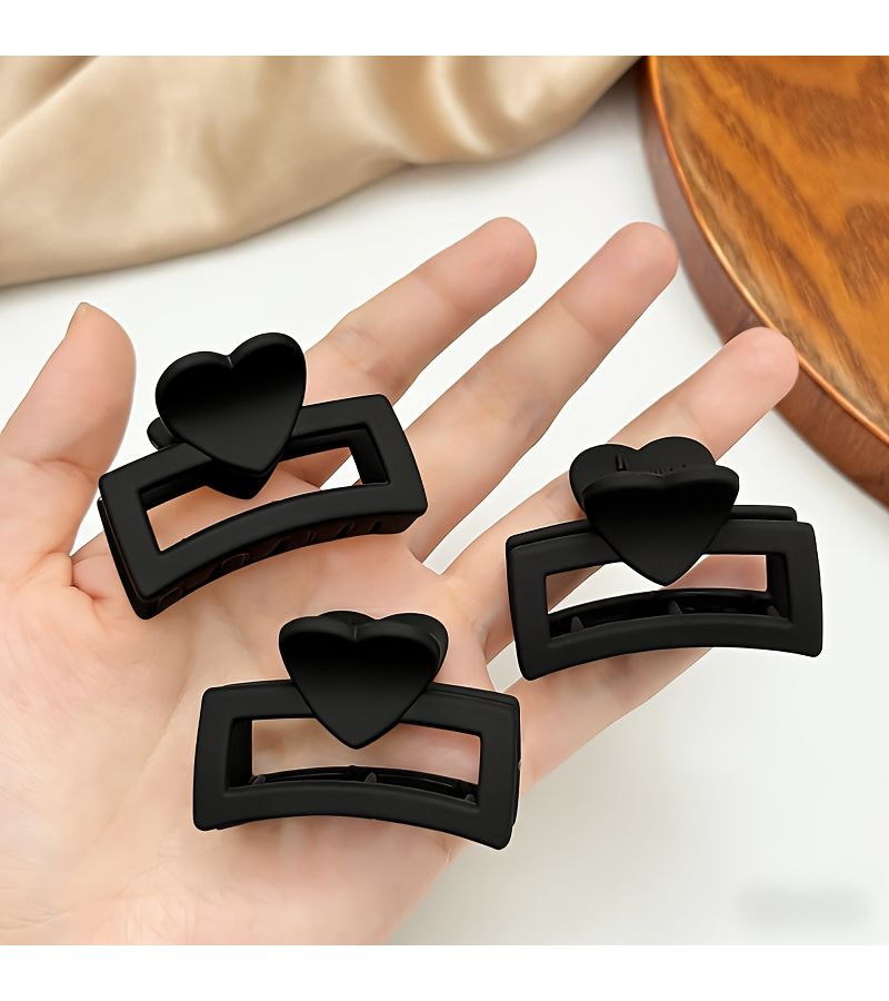 Black Matte Heart Shaped Rectangle Hair Clips 3 Pack For Semi Tied And Updo Styles - Image 3