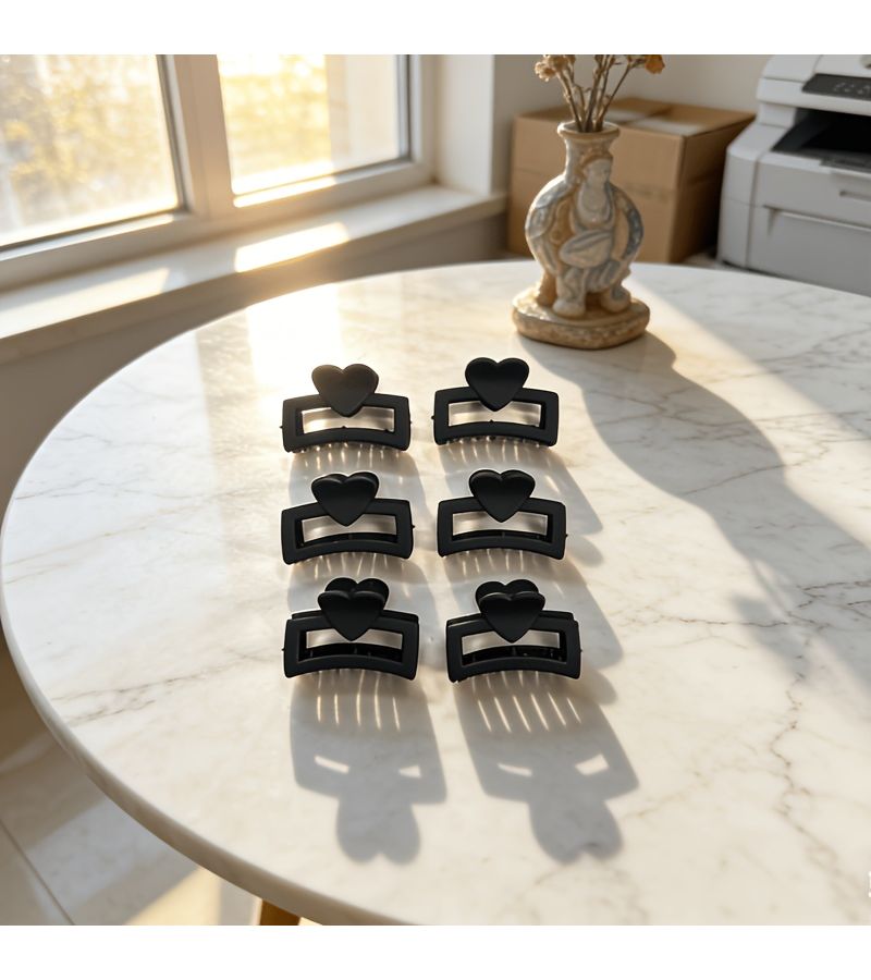 Black Matte Heart Shaped Rectangle Hair Clips 3 Pack For Semi Tied And Updo Styles - Image 2