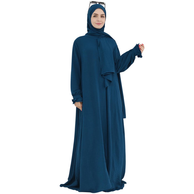 khalat Women Muslim Dress Middle East Arabian Robe Islamic Modest Dress with Hijab Scarf Lace Sleeve Flowy Abaya Dress Blue - Image 4