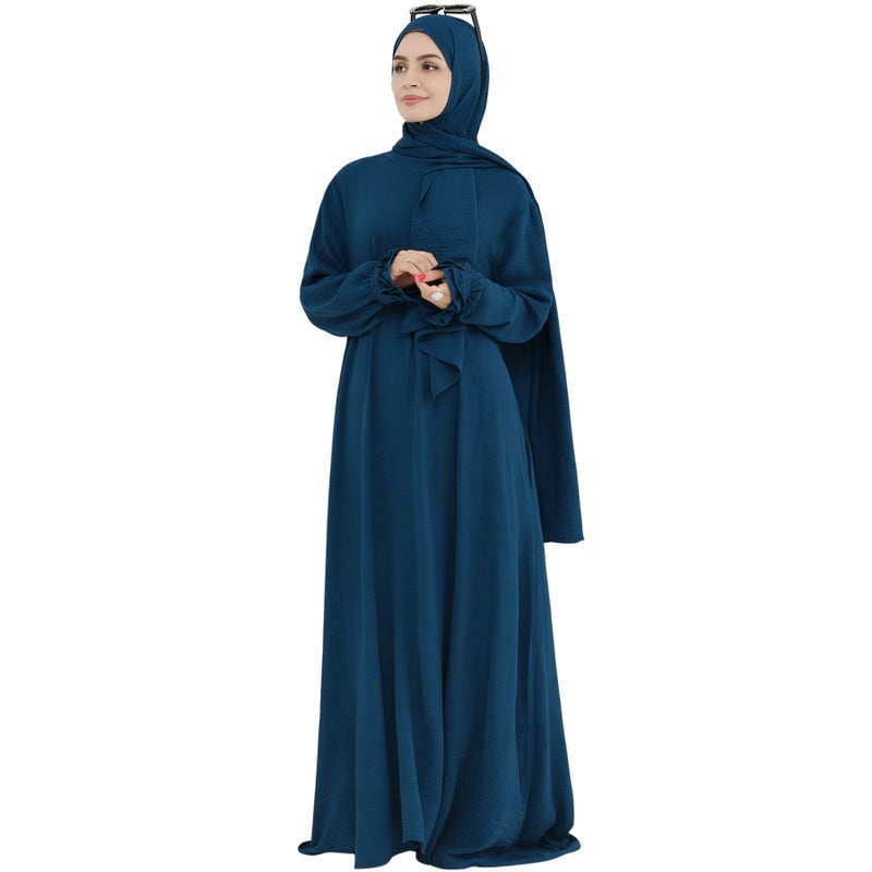 khalat Women Muslim Dress Middle East Arabian Robe Islamic Modest Dress with Hijab Scarf Lace Sleeve Flowy Abaya Dress Blue - Image 1