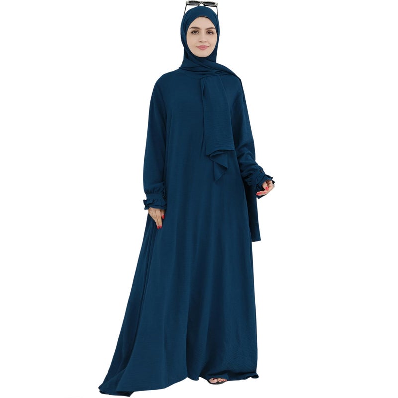 khalat Women Muslim Dress Middle East Arabian Robe Islamic Modest Dress with Hijab Scarf Lace Sleeve Flowy Abaya Dress Blue - Image 2