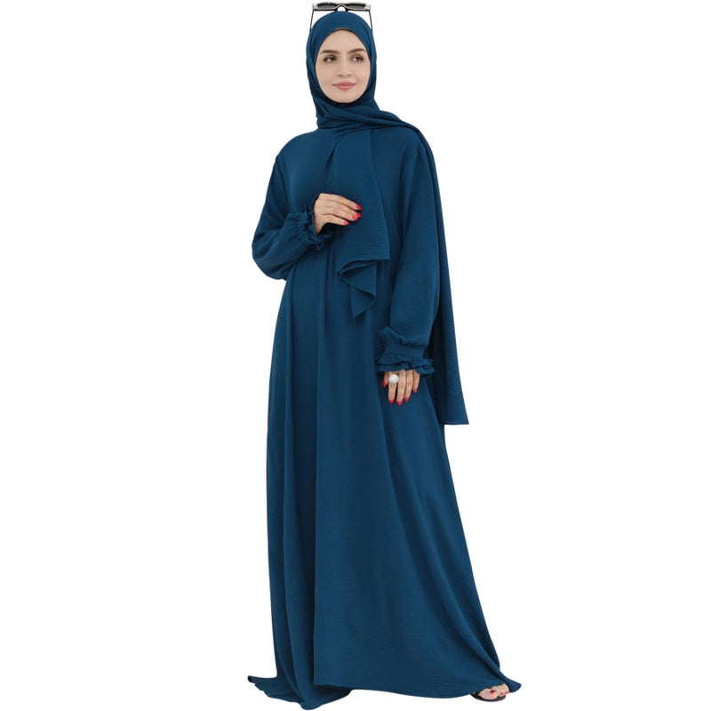 khalat Women Muslim Dress Middle East Arabian Robe Islamic Modest Dress with Hijab Scarf Lace Sleeve Flowy Abaya Dress Blue - Image 5