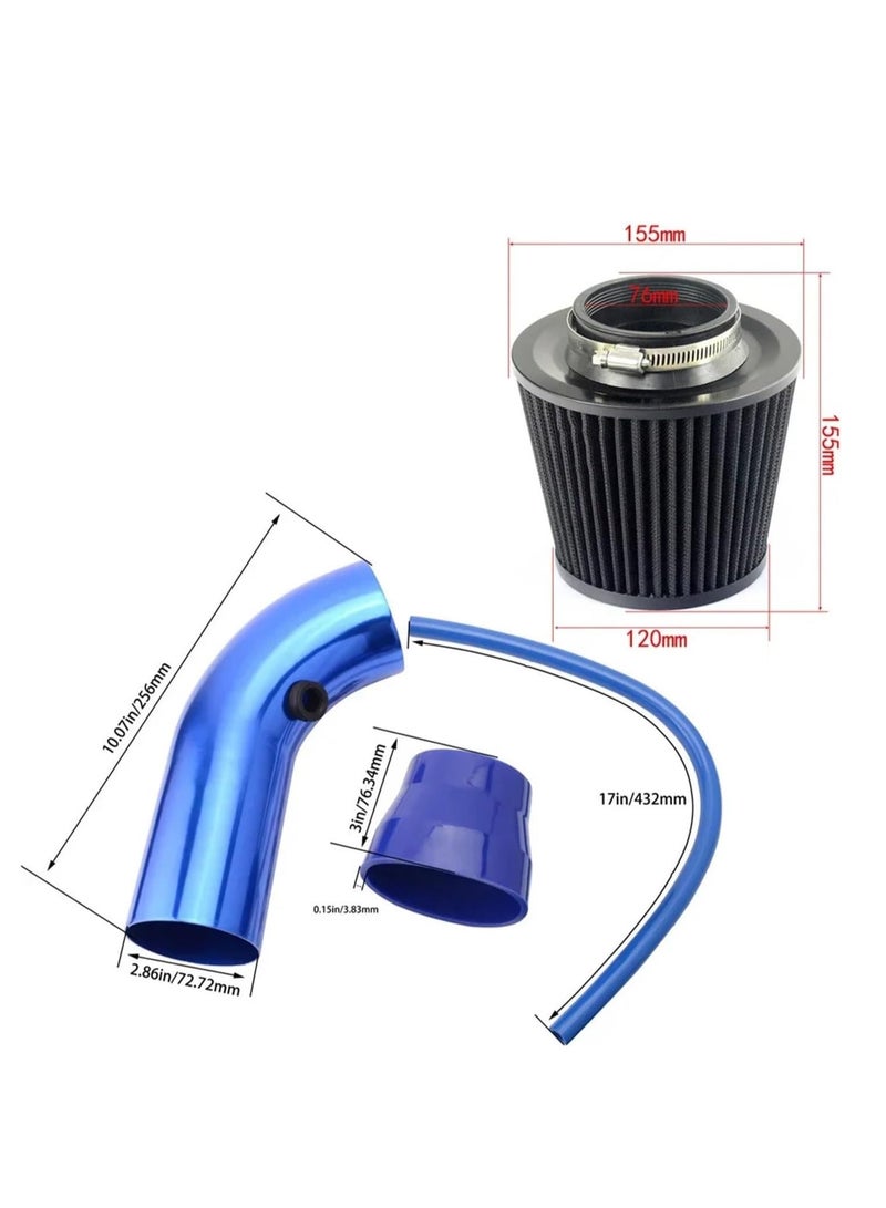 Generic Universal 76mm Car Racing Cold Air Intake System Turbo Induction Pipe Tube Kit Aluminum with Cone Air Filter Inlet(Silver)  - Image 2