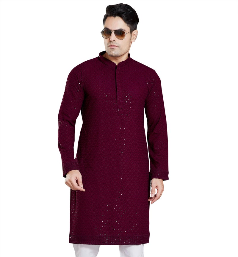 DIVISIVE Men's Sequince Embroidered Cotton Blend Only Slim Fit Kurta (DKRT14_4XL_Burgundy) - Image 1