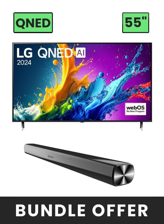 LG 55-Inch 4K QNED Smart TV with Alpha 5 AI Processor Gen7, HDR10, webOS24, Magic Remote + 2-Channel 30W Soundbar with 3D Immersive Sound, HDMI (ARC), Bluetooth, USB 55QNED80T6B+SOUNDBAR Black - Image 1
