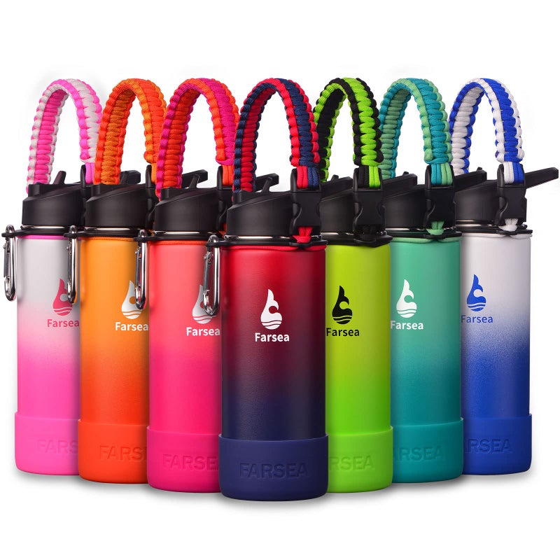 Farsea Insulated Water Bottle With Paracord Handle Protective Silicone Boot and 2 Lids Straw Lid  Spout Lid Stainless Steel Water Bottle Wide Mouth Double Wall SweatProof BPAFree 18 oz