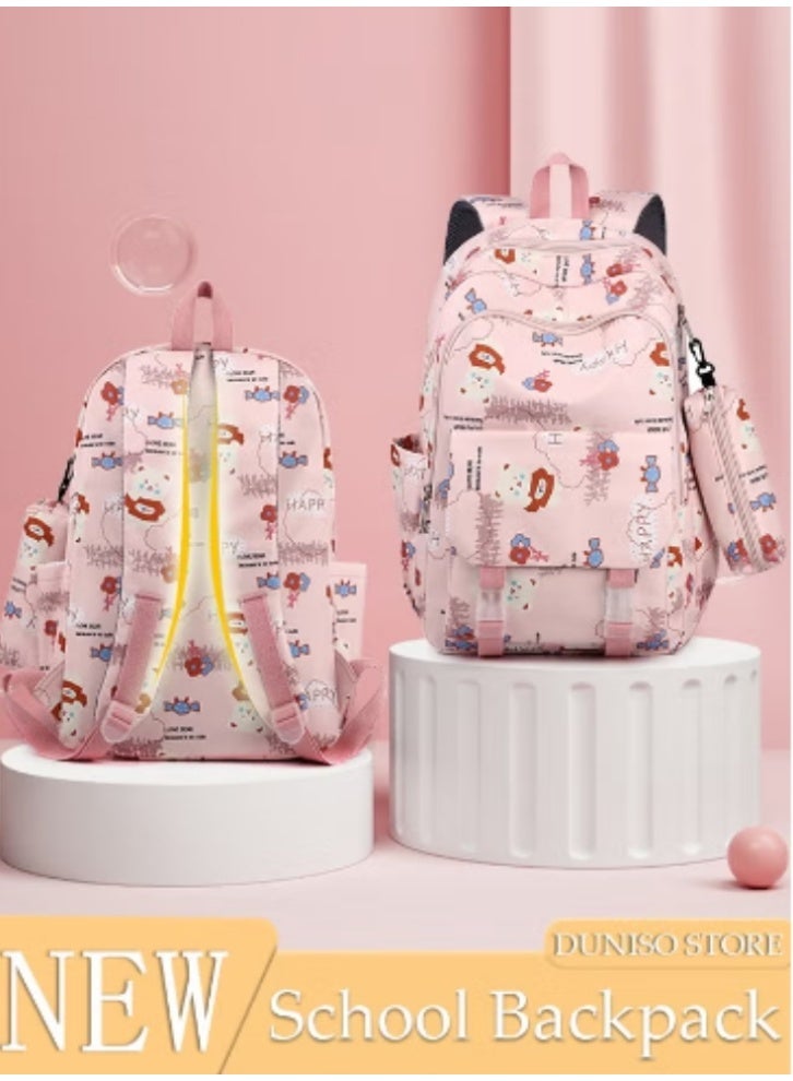 DUNISO New Student Backpack | Cute cartoon prints + soft pink color, cute and spacious - Image 1