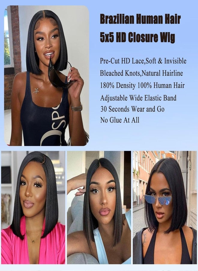Rolisy Bob Wig Human Hair Glueless Wigs Human Hair Pre Plucked Pre Cut 5x5 HD Lace Closure Wigs Middle Part Glueless Wigs Short Bob Straight Wigs For Black Women Natural Color 10inch - Image 5