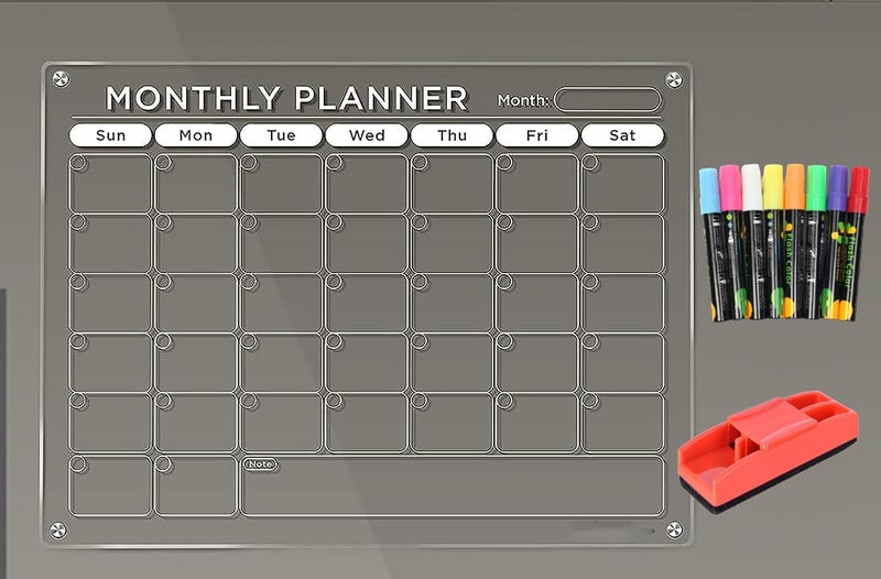 KRySt Magnetic Acrylic Dry Erase Calendar Board 61×46 cm | Monthly Planner for Fridge & Wall | Reusable Schedule Organizer with Color Markers | Home & Office Planner Board - Image 1