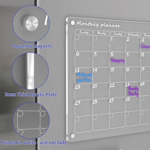 KRySt Magnetic Acrylic Dry Erase Calendar Board 61×46 cm | Monthly Planner for Fridge & Wall | Reusable Schedule Organizer with Color Markers | Home & Office Planner Board - Image 3