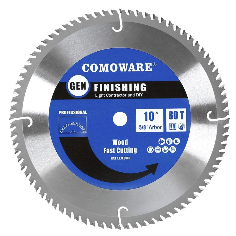 COMOWARE 10 inch Miter Saws Blade, 80T ATB Circular Saw Blade, 5/8" Arbor, TCT Carbide-Tipped, Anti-Vibration, Teflon Anti-Stick, Miter Saws Blades for Wood, Laminate, Plywood & Hardwoods - Image 1
