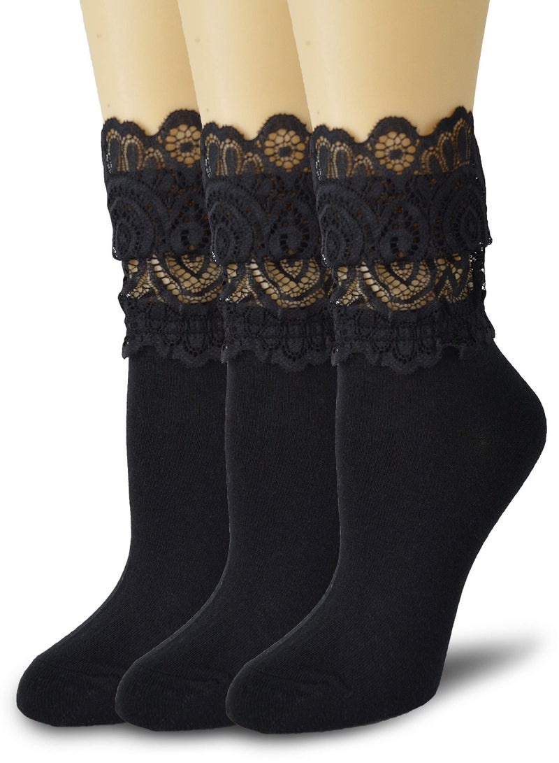 KASTWAVE 3 Pairs Women Lace Socks, Transparent Mesh Ruffle Dress Ankle Socks & Delicate Lace Detailswith - Image 1