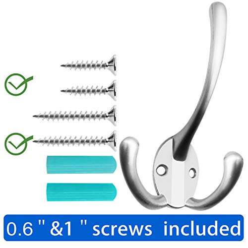 IBosins 6 Pack Big Heavy Duty Three Prongs Coat Hooks Wall Mounted with 24 Screws (Two Types of Screws Included) Retro Double Utility Rustic Hooks for Thick Coat, Big Heavy Bags (Matte Nickel) - Image 2
