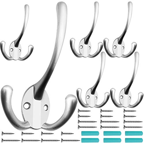 IBosins 6 Pack Big Heavy Duty Three Prongs Coat Hooks Wall Mounted with 24 Screws (Two Types of Screws Included) Retro Double Utility Rustic Hooks for Thick Coat, Big Heavy Bags (Matte Nickel) - Image 1