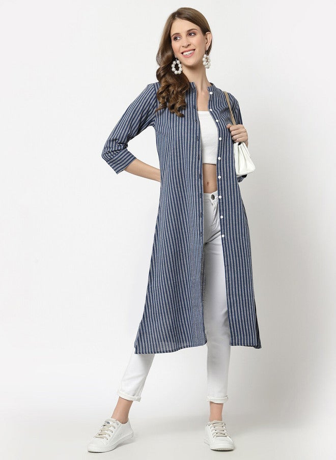 LARGISH Blue and White Striped Cotton Longline Button Shrug - Image 5