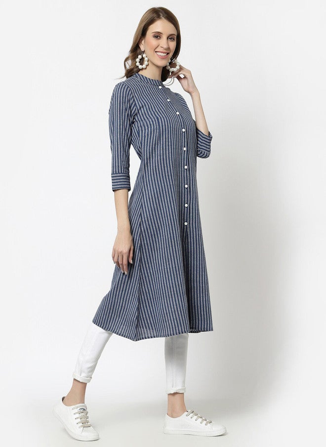 LARGISH Blue and White Striped Cotton Longline Button Shrug - Image 3