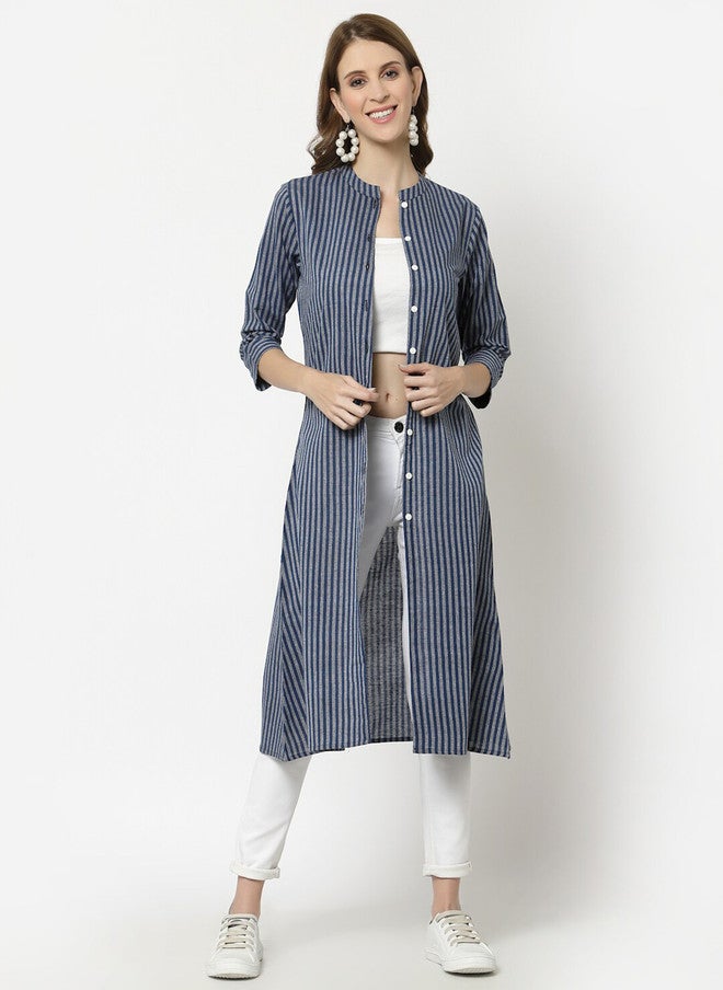 LARGISH Blue and White Striped Cotton Longline Button Shrug - Image 1
