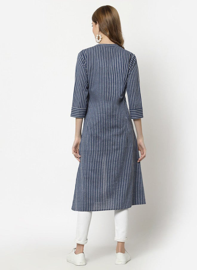 LARGISH Blue and White Striped Cotton Longline Button Shrug - Image 4