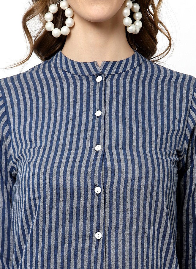 LARGISH Blue and White Striped Cotton Longline Button Shrug - Image 2