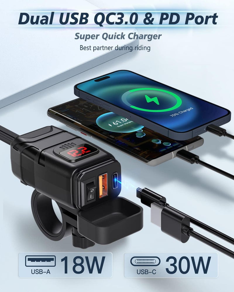 EXTRACTME Motorcycle Phone Charger, 6.4A Dual USB Type C PD & Quick Charge 3.0 Motorcycle USB Charger with Voltmeter & ON/Off Switch, Waterproof Motorcycle Accessories for Phone, Tablet, GPS etc. - Image 2