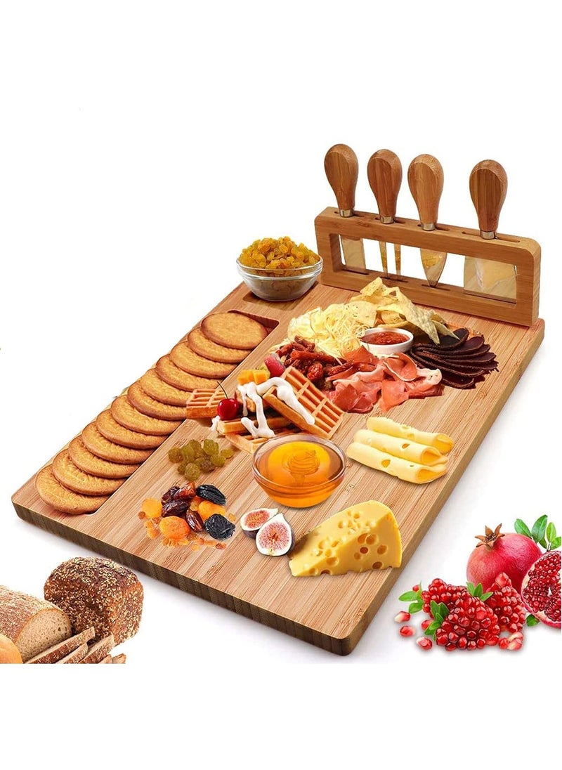Arabest Bamboo Cheese Board Set, Cheese Tray, Charcuterie Board and Serving Meat Platter with 4 Stainless Steel Cheese Knives, Ideal for Wedding Gifts Birthday Party  - Image 1