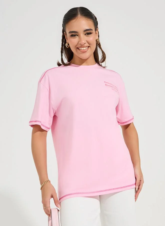 Styli Oversized Slogan Print Contrast Stitch T-Shirt with Dropped Shoulder