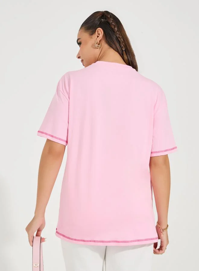 Styli Oversized Slogan Print Contrast Stitch T-Shirt with Dropped Shoulder