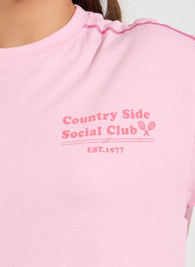 Styli Oversized Slogan Print Contrast Stitch T-Shirt with Dropped Shoulder
