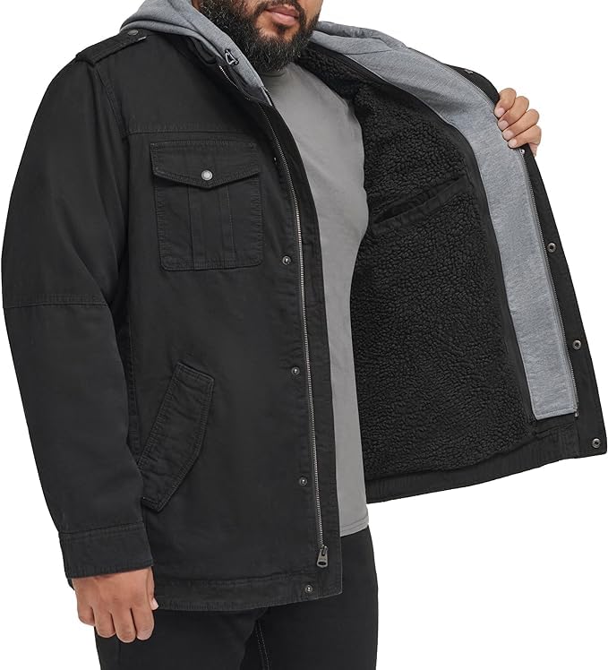 Levi's Men's Washed Cotton Military Jacket with Removable Hood (Standard and Big & Tall), Black, 2X-Large Tall - Image 2