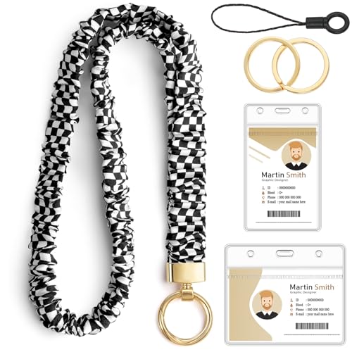 HONSIO Scrunchie Teacher Lanyards for ID Badges, Checkered Neck Lanyard for Keys Stretchy Straps with Card Holder for Women - Image 1