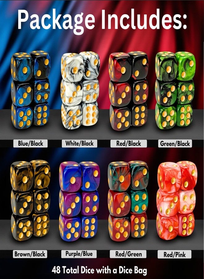 Luck Lab مجموعة نرد لاك لاب المكونة من 48 قطعة من النرد ذي 6 أوجه بقطر 16 مم بنمط دوامة رخامية وزوايا مستديرة - نرد لألعاب الطاولة مثل MTG وDND وTenzi وFarkle وYahtzee وBunco أو لتعليم الرياضيات (حلقة ذهبية متعددة الألوان). - Image 2