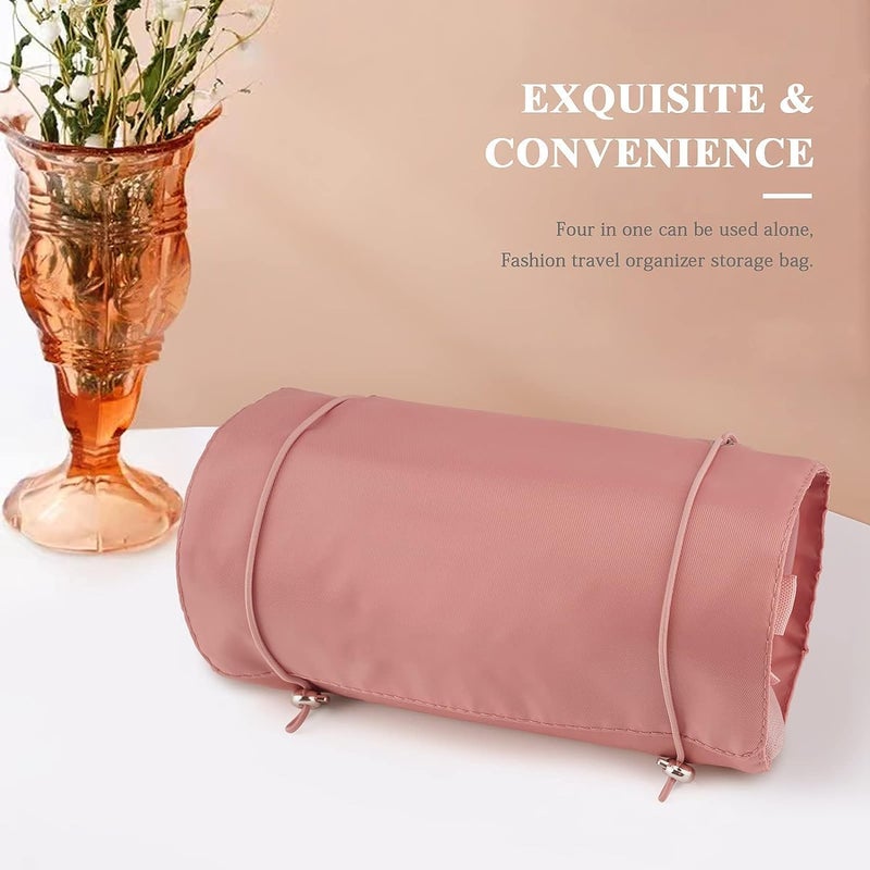 Stodern 4 in 1 Makeup Organizer Bag for Travel Waterproof Hanging RollUp Cosmetic Bag with 4 Removable Mesh Pouches for Toiletries Brushes Beauty Tools Pink - Image 3