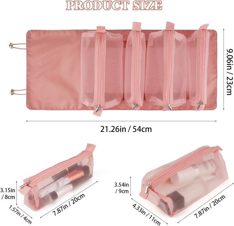 Stodern 4 in 1 Makeup Organizer Bag for Travel Waterproof Hanging RollUp Cosmetic Bag with 4 Removable Mesh Pouches for Toiletries Brushes Beauty Tools Pink - Image 5